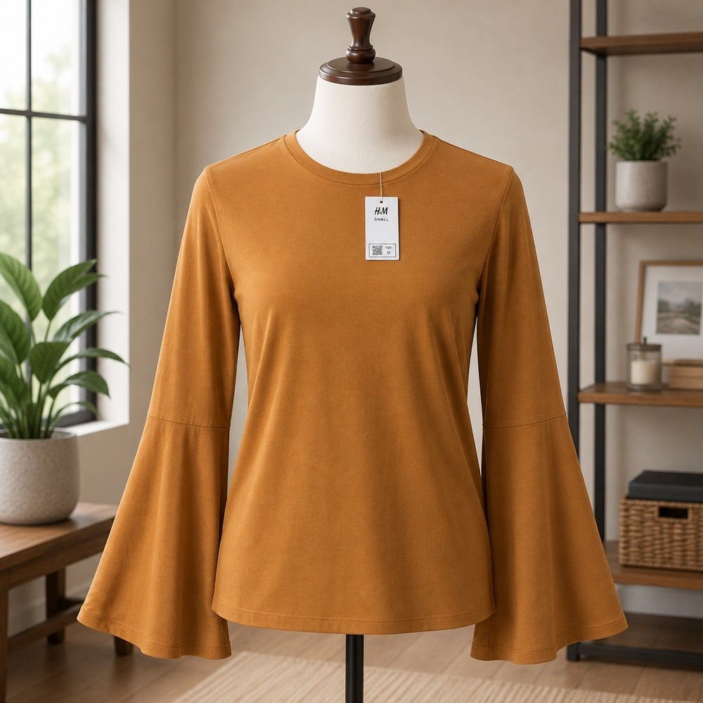NWT H&M Bell Sleeve Top Womens Small Brown Mustard Long Sleeve Crew Neck 2557